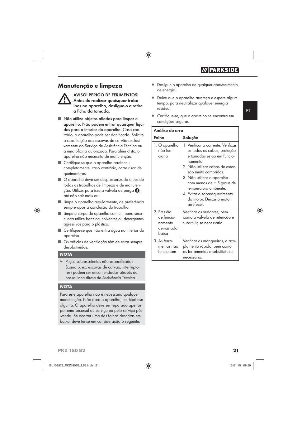 Manutenção e limpeza | Parkside PKZ 180 B2 User Manual | Page 24 / 50