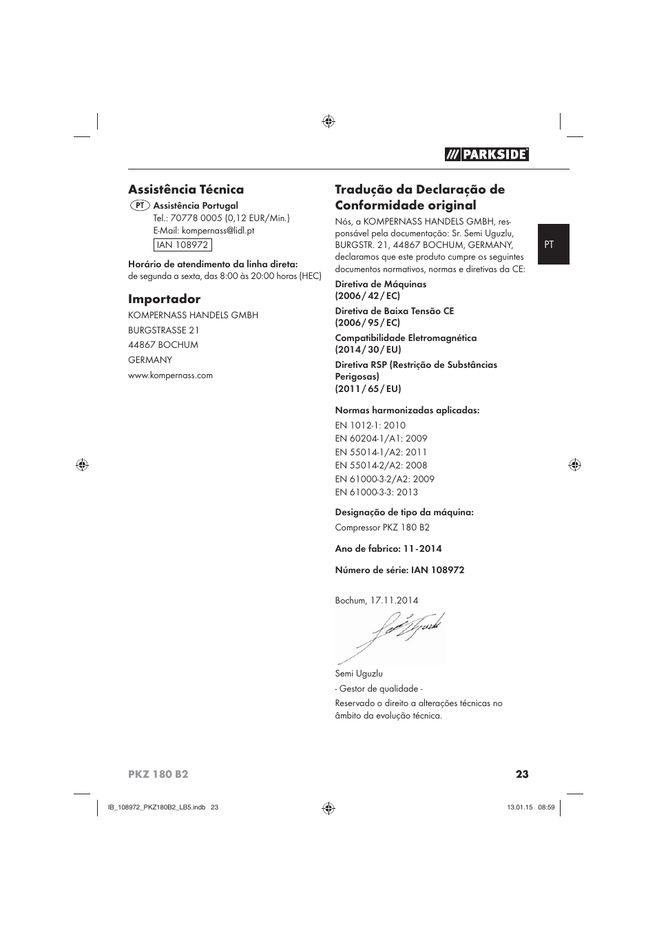 Assistência técnica, Importador, Tradução da declaração de conformidade original | Parkside PKZ 180 B2 User Manual | Page 26 / 50