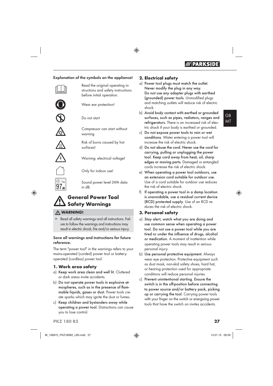 General power tool safety warnings | Parkside PKZ 180 B2 User Manual | Page 30 / 50