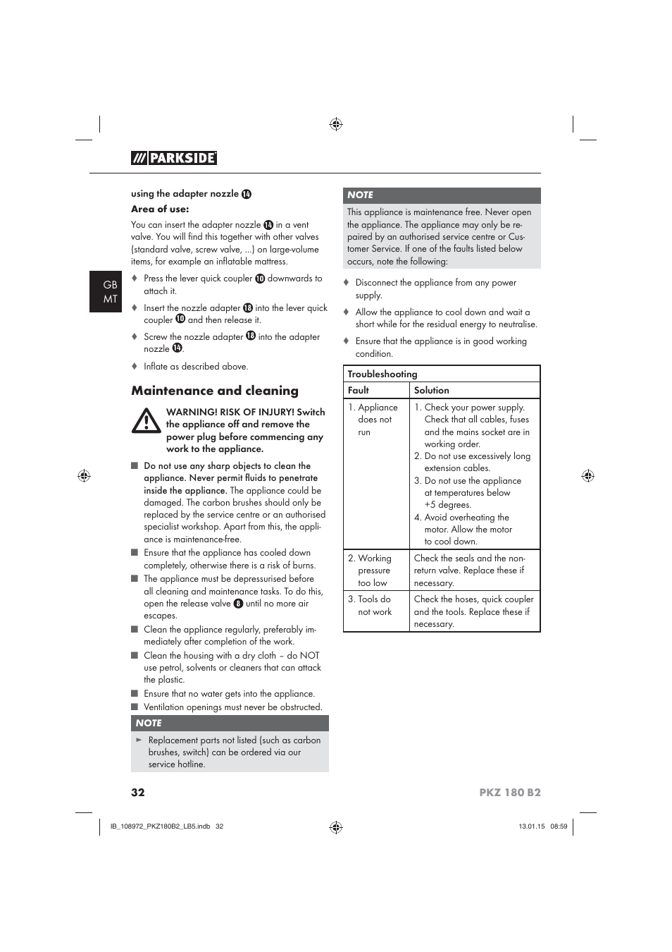 Maintenance and cleaning | Parkside PKZ 180 B2 User Manual | Page 35 / 50