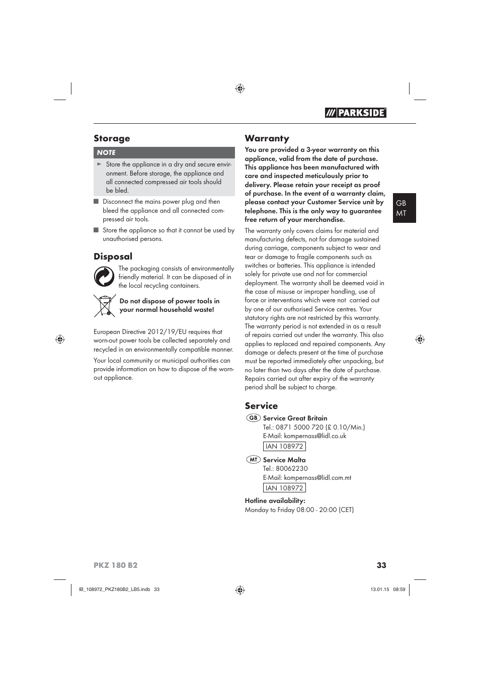 Storage, Disposal, Warranty | Service | Parkside PKZ 180 B2 User Manual | Page 36 / 50