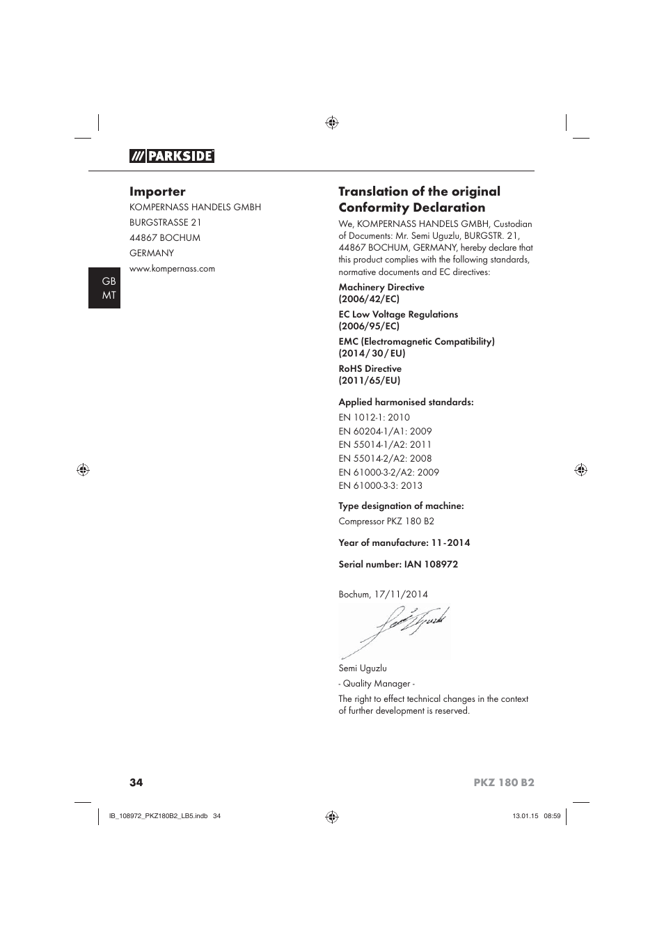 Importer, Translation of the original conformity declaration | Parkside PKZ 180 B2 User Manual | Page 37 / 50