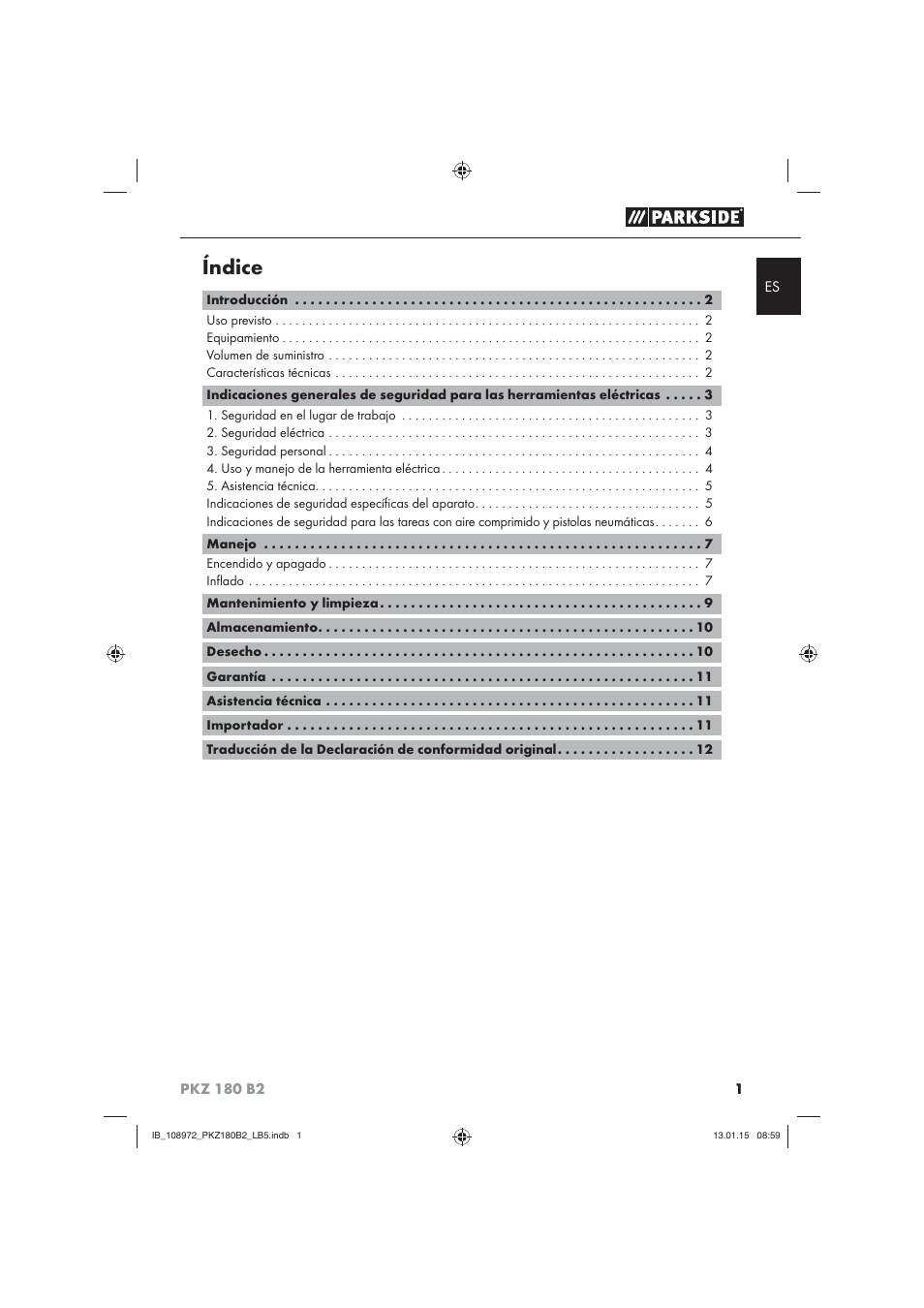 Índice | Parkside PKZ 180 B2 User Manual | Page 4 / 50