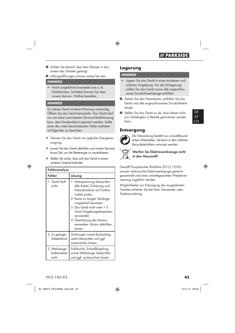 Lagerung, Entsorgung | Parkside PKZ 180 B2 User Manual | Page 46 / 50