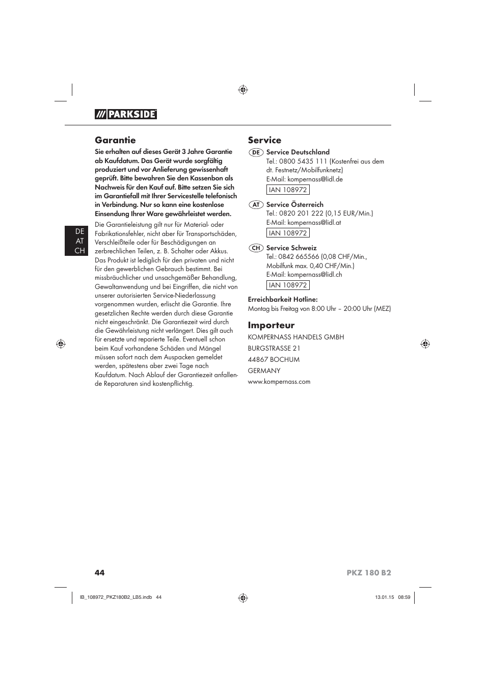 Garantie, Service, Importeur | Parkside PKZ 180 B2 User Manual | Page 47 / 50