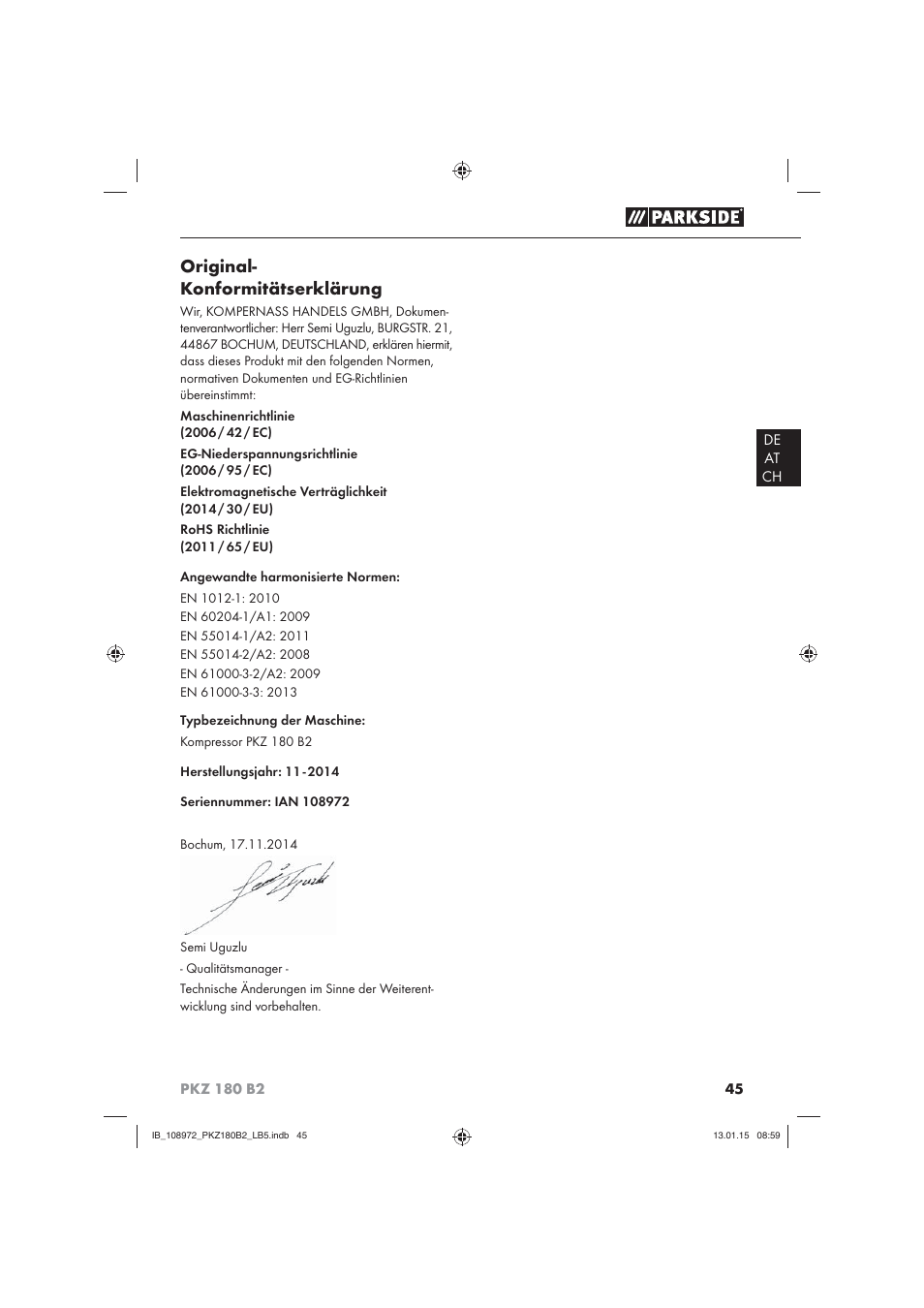 Original- konformitätserklärung | Parkside PKZ 180 B2 User Manual | Page 48 / 50