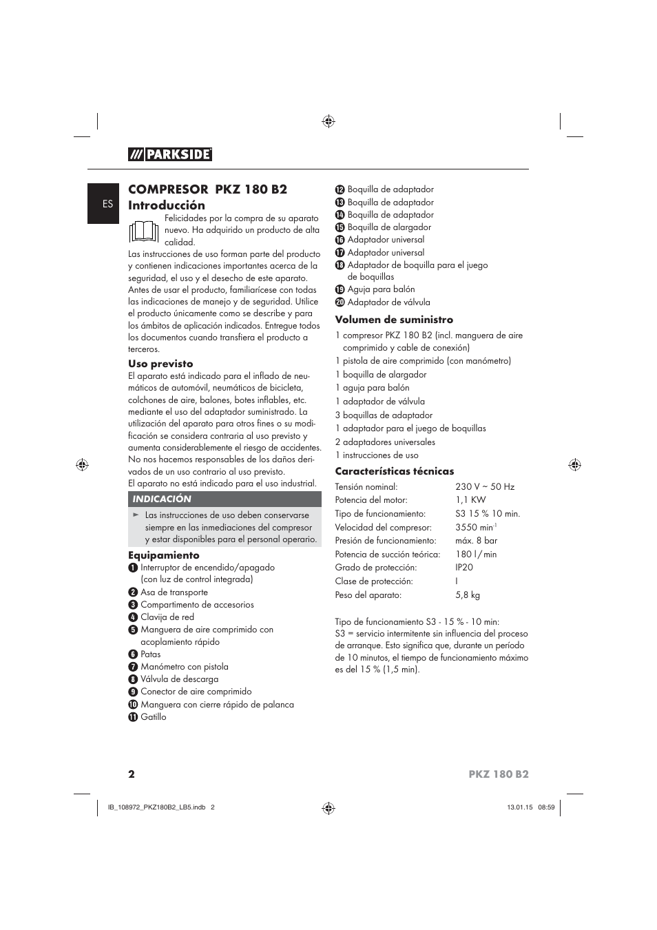 Compresor pkz 180 b2 introducción | Parkside PKZ 180 B2 User Manual | Page 5 / 50