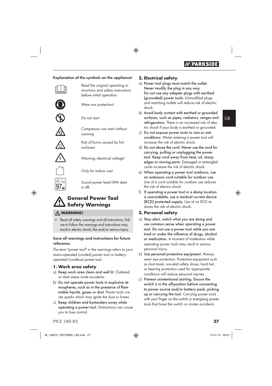 General power tool safety warnings | Parkside PKZ 180 B2 User Manual | Page 30 / 38