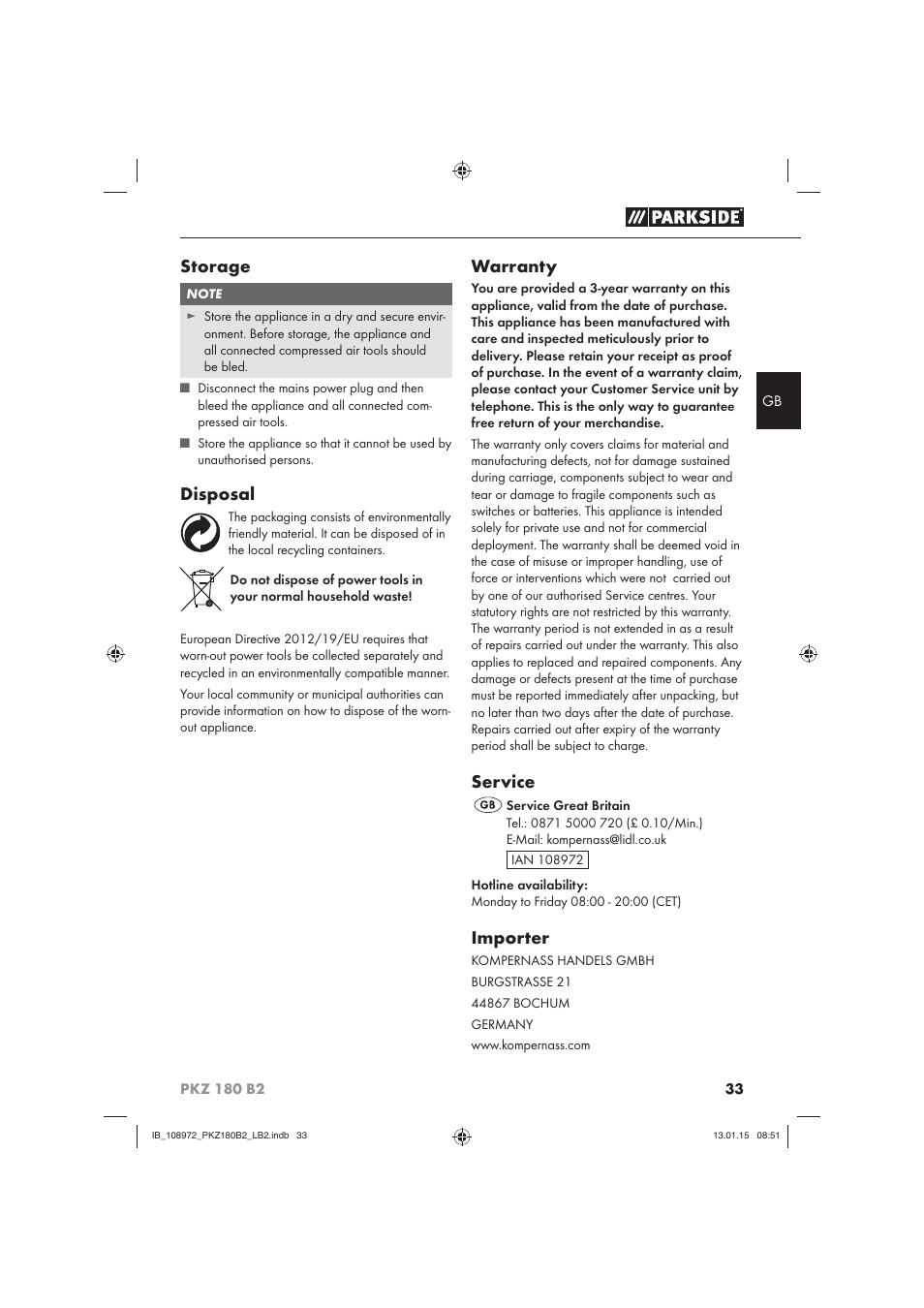 Storage, Disposal, Warranty | Service, Importer | Parkside PKZ 180 B2 User Manual | Page 36 / 38