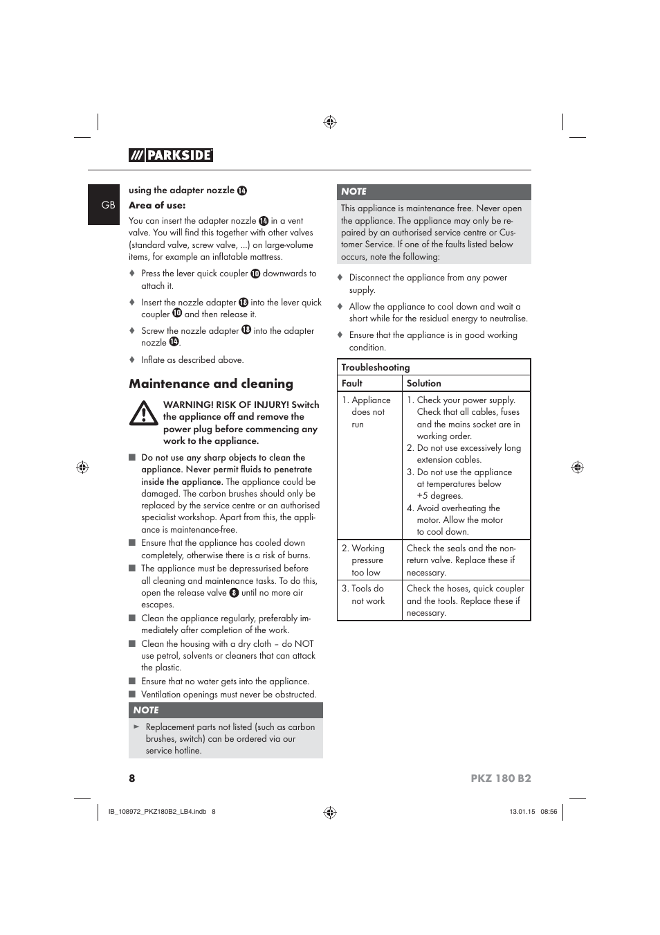 Maintenance and cleaning | Parkside PKZ 180 B2 User Manual | Page 11 / 80