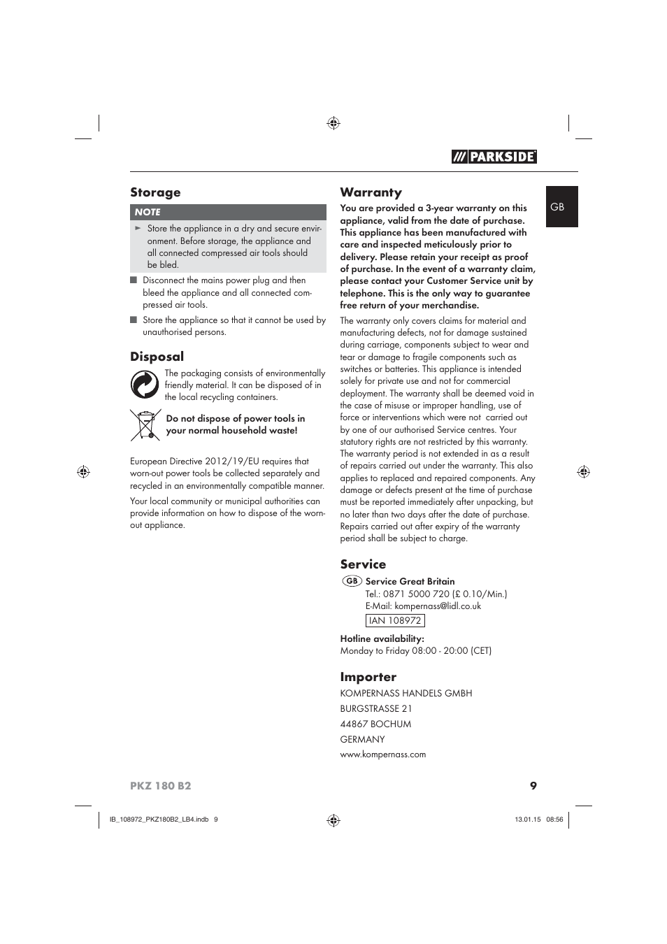 Storage, Disposal, Warranty | Service, Importer | Parkside PKZ 180 B2 User Manual | Page 12 / 80