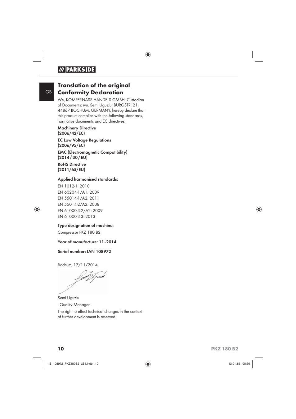 Translation of the original conformity declaration | Parkside PKZ 180 B2 User Manual | Page 13 / 80