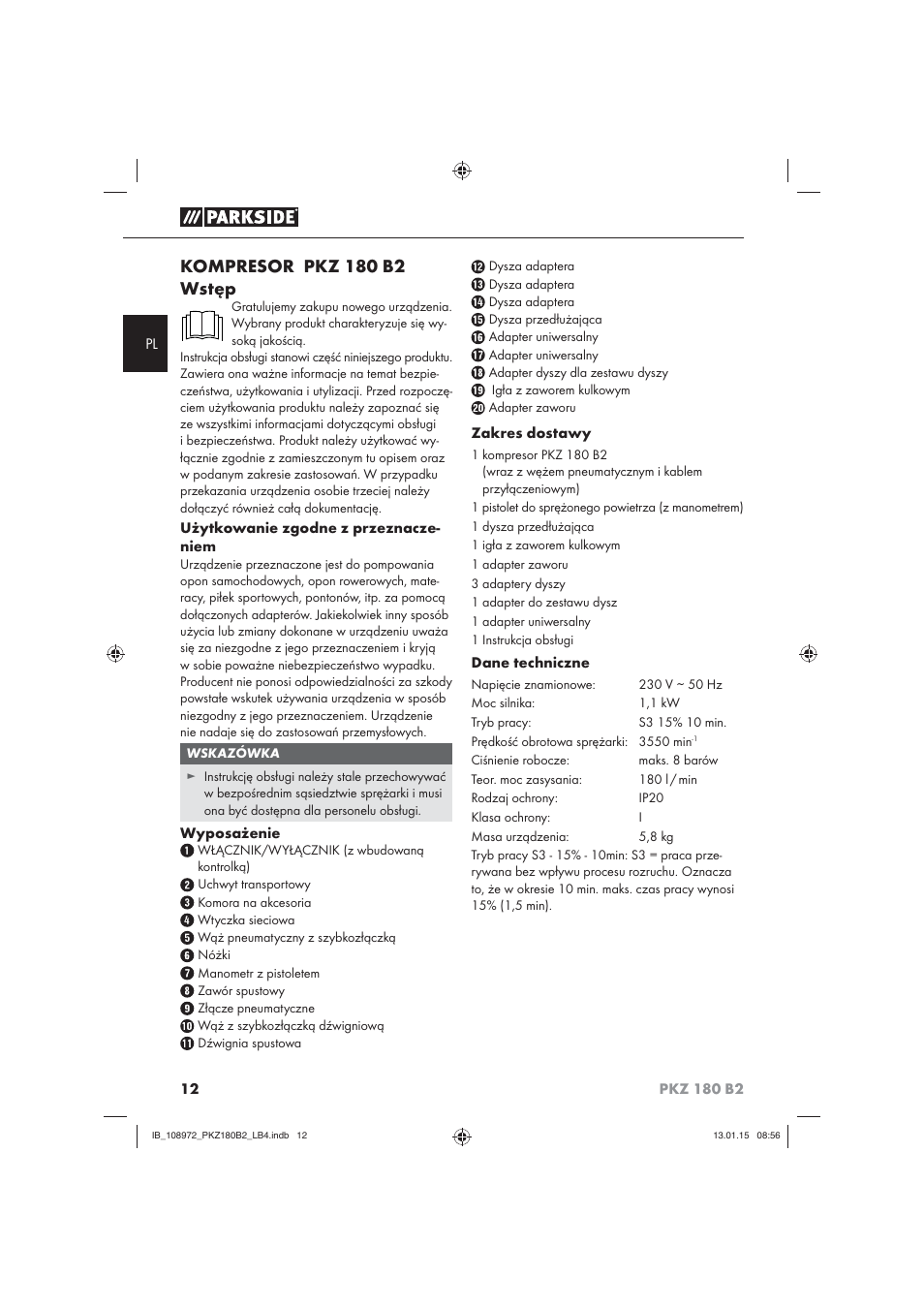 Kompresor pkz 180 b2 wstęp | Parkside PKZ 180 B2 User Manual | Page 15 / 80