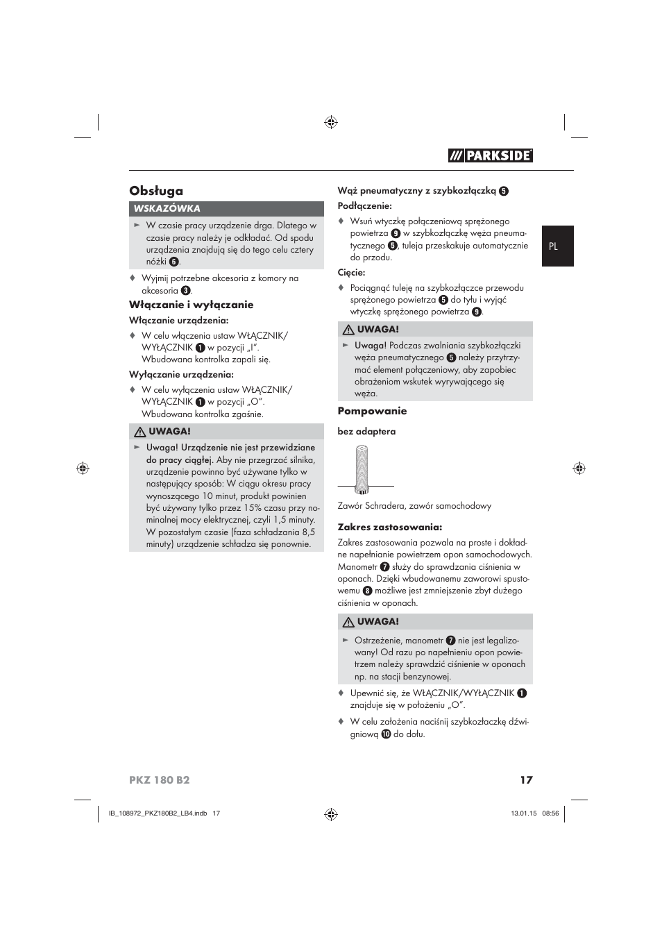 Obsługa | Parkside PKZ 180 B2 User Manual | Page 20 / 80