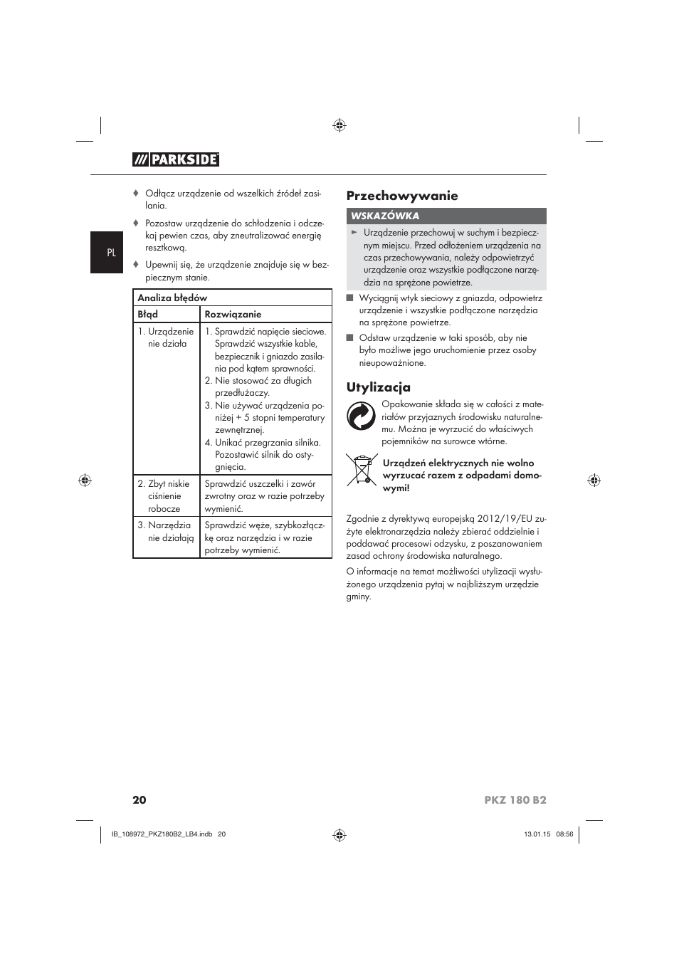 Przechowywanie, Utylizacja | Parkside PKZ 180 B2 User Manual | Page 23 / 80