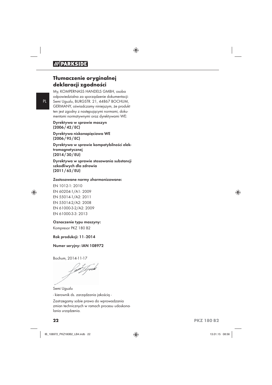 Tłumaczenie oryginalnej deklaracji zgodności | Parkside PKZ 180 B2 User Manual | Page 25 / 80