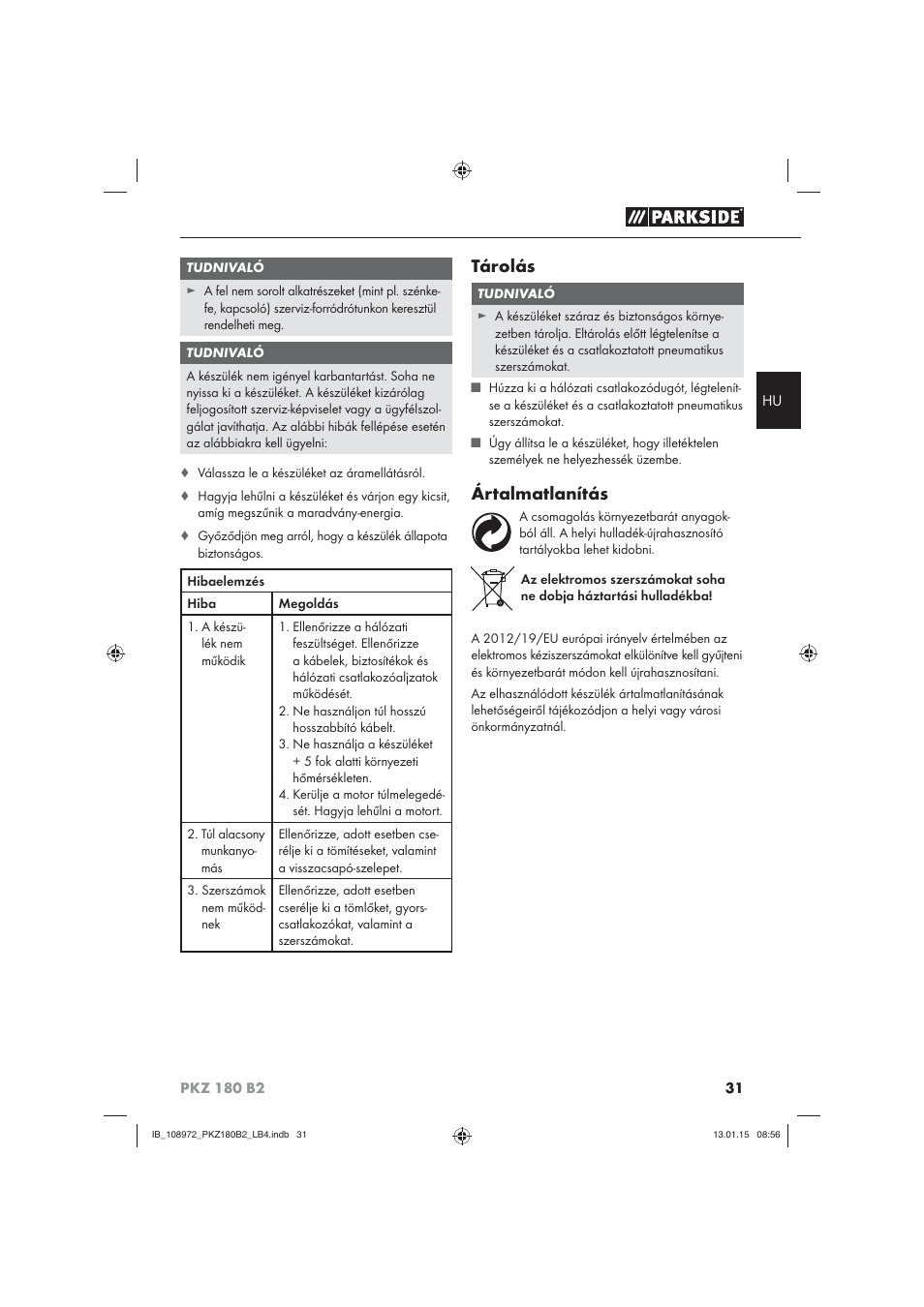 Tárolás, Ártalmatlanítás | Parkside PKZ 180 B2 User Manual | Page 34 / 80