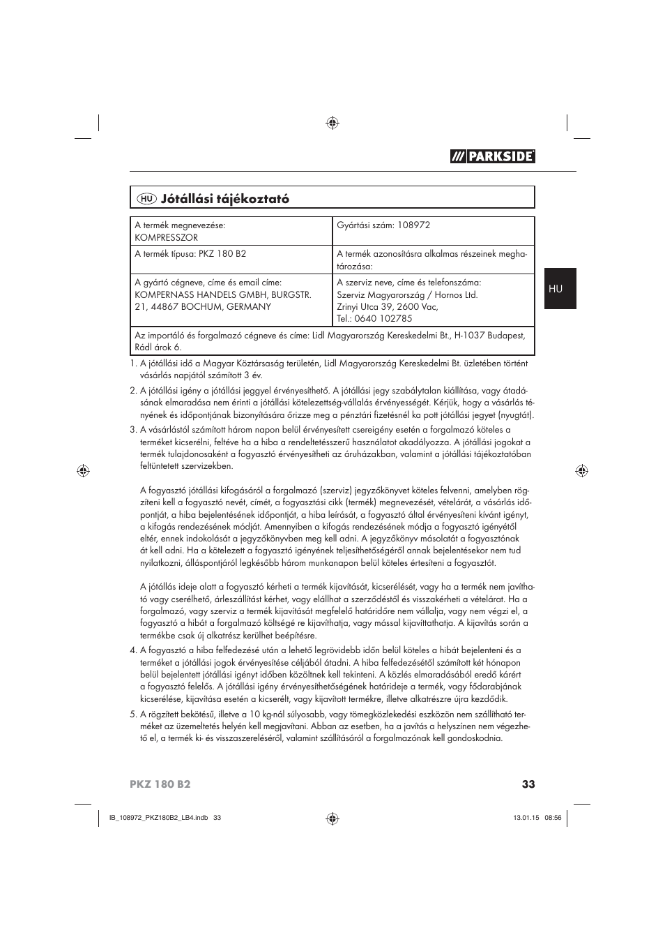 Jótállási tájékoztató | Parkside PKZ 180 B2 User Manual | Page 36 / 80