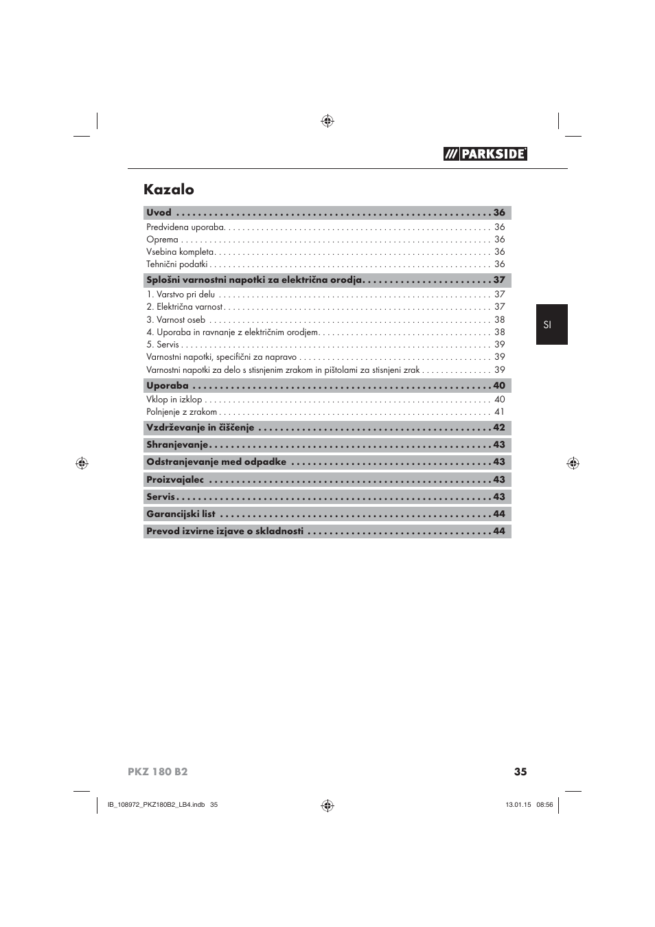 Kazalo | Parkside PKZ 180 B2 User Manual | Page 38 / 80