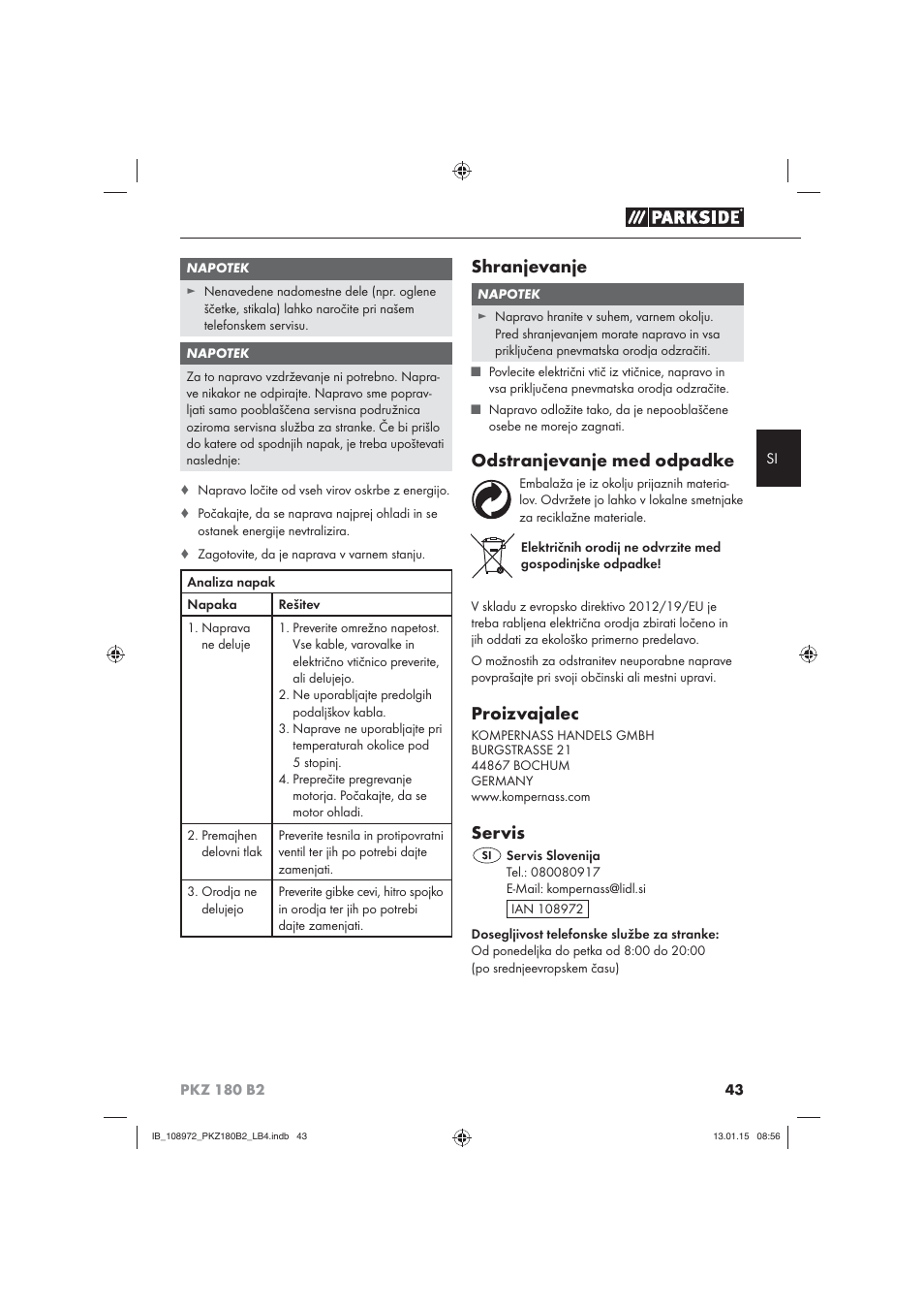 Shranjevanje, Odstranjevanje med odpadke, Proizvajalec | Servis | Parkside PKZ 180 B2 User Manual | Page 46 / 80