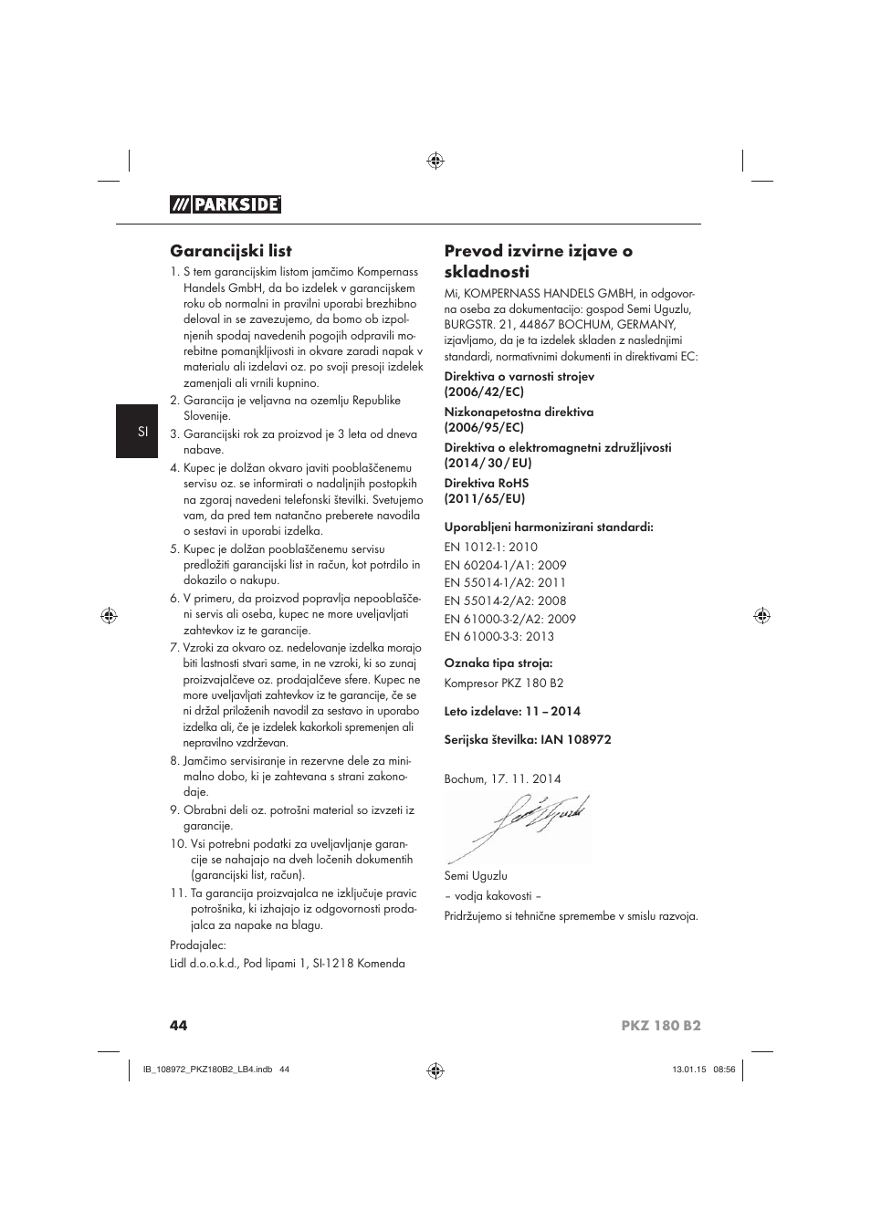 Garancijski list, Prevod izvirne izjave o skladnosti | Parkside PKZ 180 B2 User Manual | Page 47 / 80