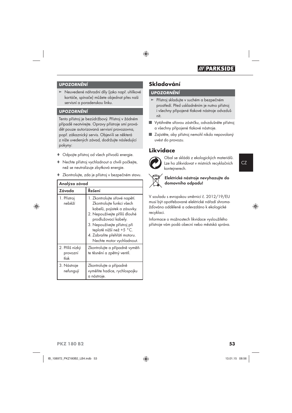 Skladování, Likvidace | Parkside PKZ 180 B2 User Manual | Page 56 / 80