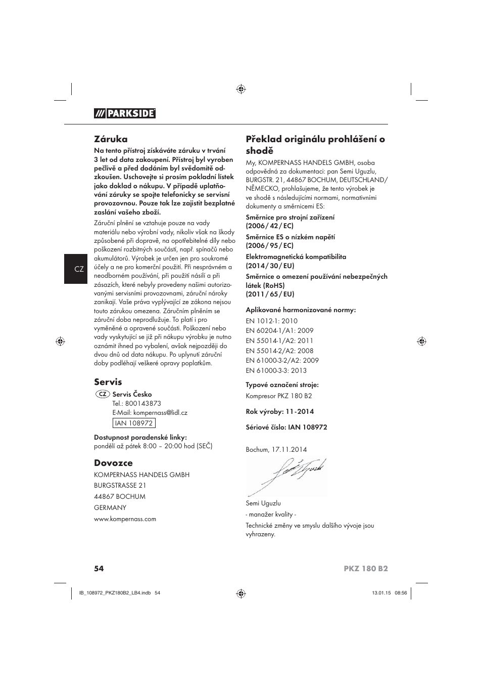 Záruka, Servis, Dovozce | Překlad originálu prohlášení o shodě | Parkside PKZ 180 B2 User Manual | Page 57 / 80