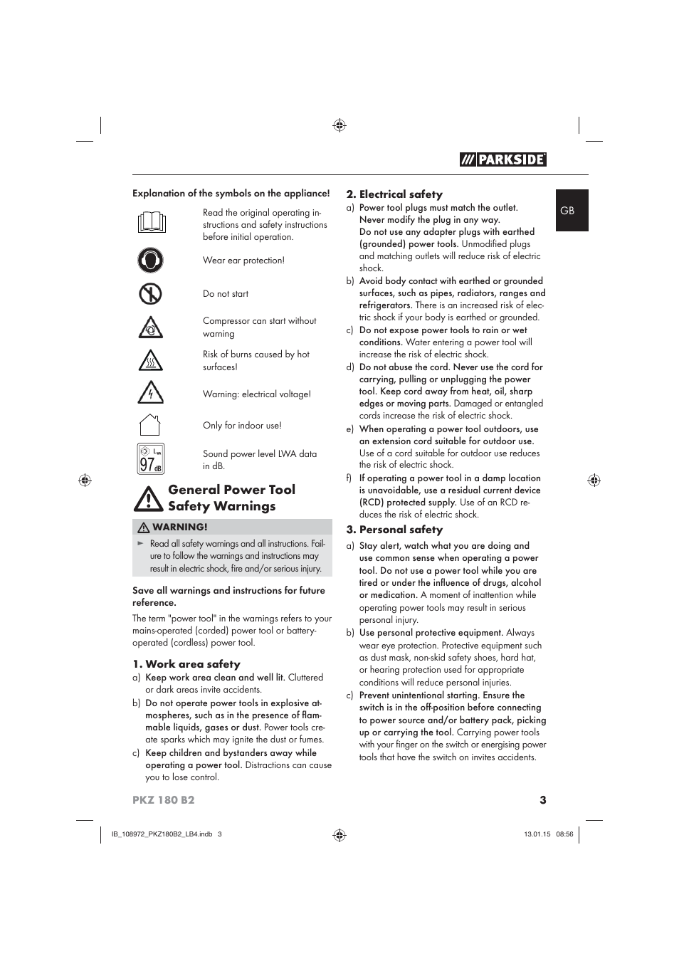 General power tool safety warnings | Parkside PKZ 180 B2 User Manual | Page 6 / 80