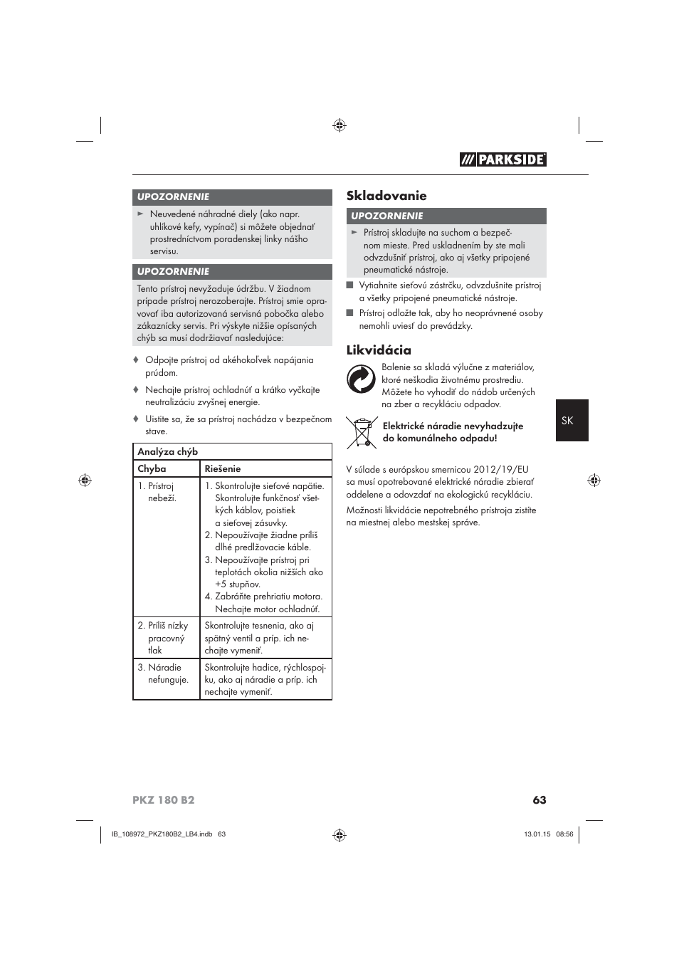 Skladovanie, Likvidácia | Parkside PKZ 180 B2 User Manual | Page 66 / 80