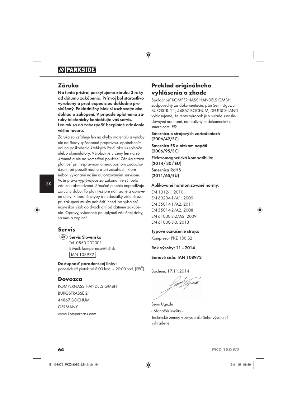 Záruka, Servis, Dovozca | Preklad originálneho vyhlásenia o zhode | Parkside PKZ 180 B2 User Manual | Page 67 / 80