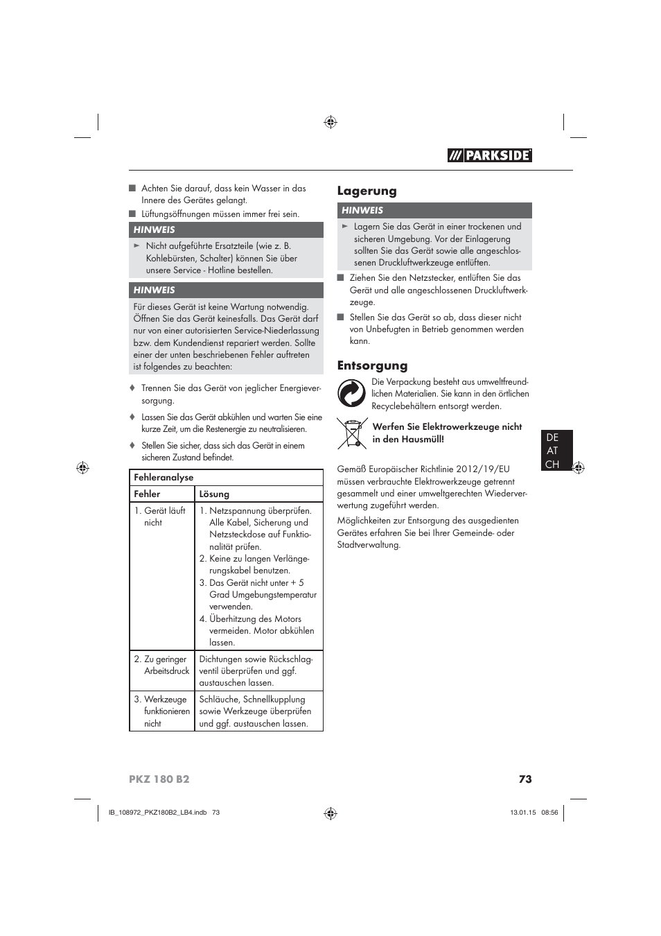 Lagerung, Entsorgung | Parkside PKZ 180 B2 User Manual | Page 76 / 80