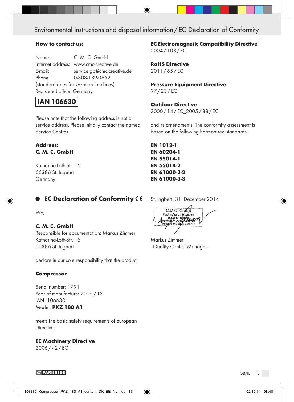 Ec declaration of conformity | Parkside PKZ 180 A1 User Manual | Page 13 / 55