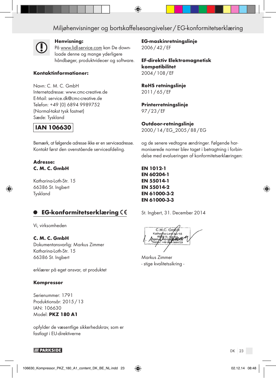Eg-konformitetserklæring | Parkside PKZ 180 A1 User Manual | Page 23 / 55