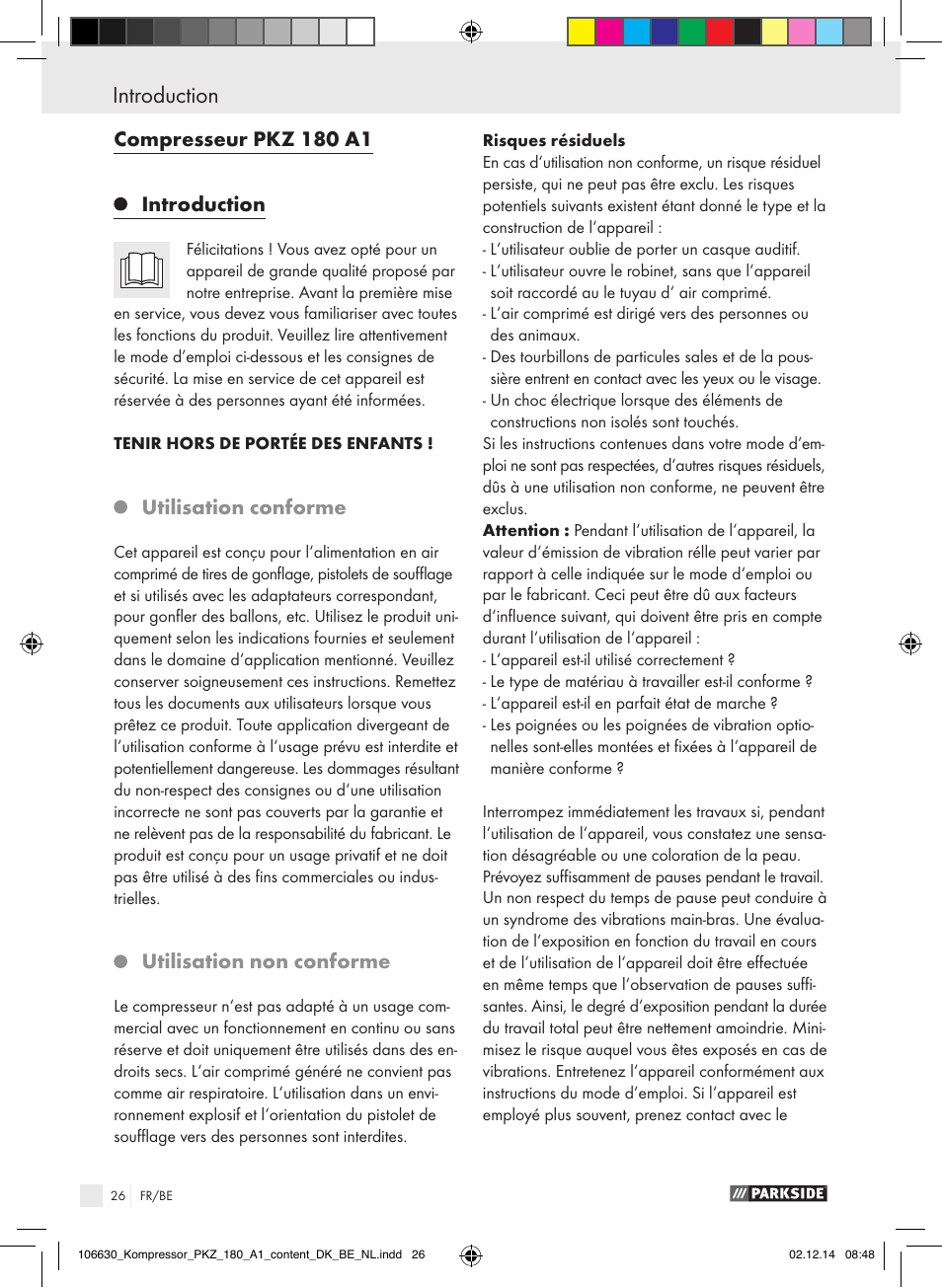 Compresseur pkz 180 a1 introduction, Utilisation conforme, Utilisation non conforme | Parkside PKZ 180 A1 User Manual | Page 26 / 55