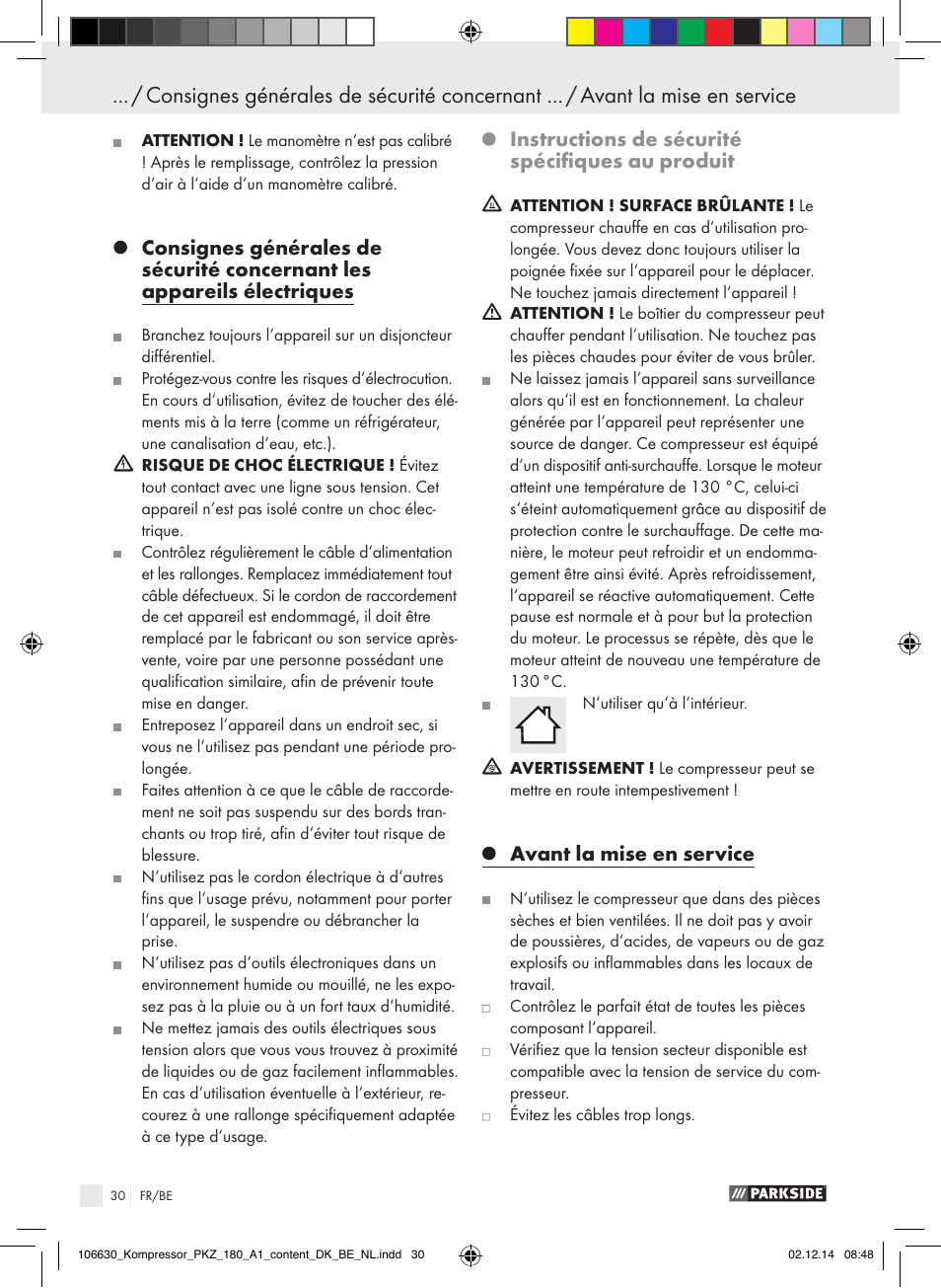Instructions de sécurité spécifiques au produit, Avant la mise en service | Parkside PKZ 180 A1 User Manual | Page 30 / 55
