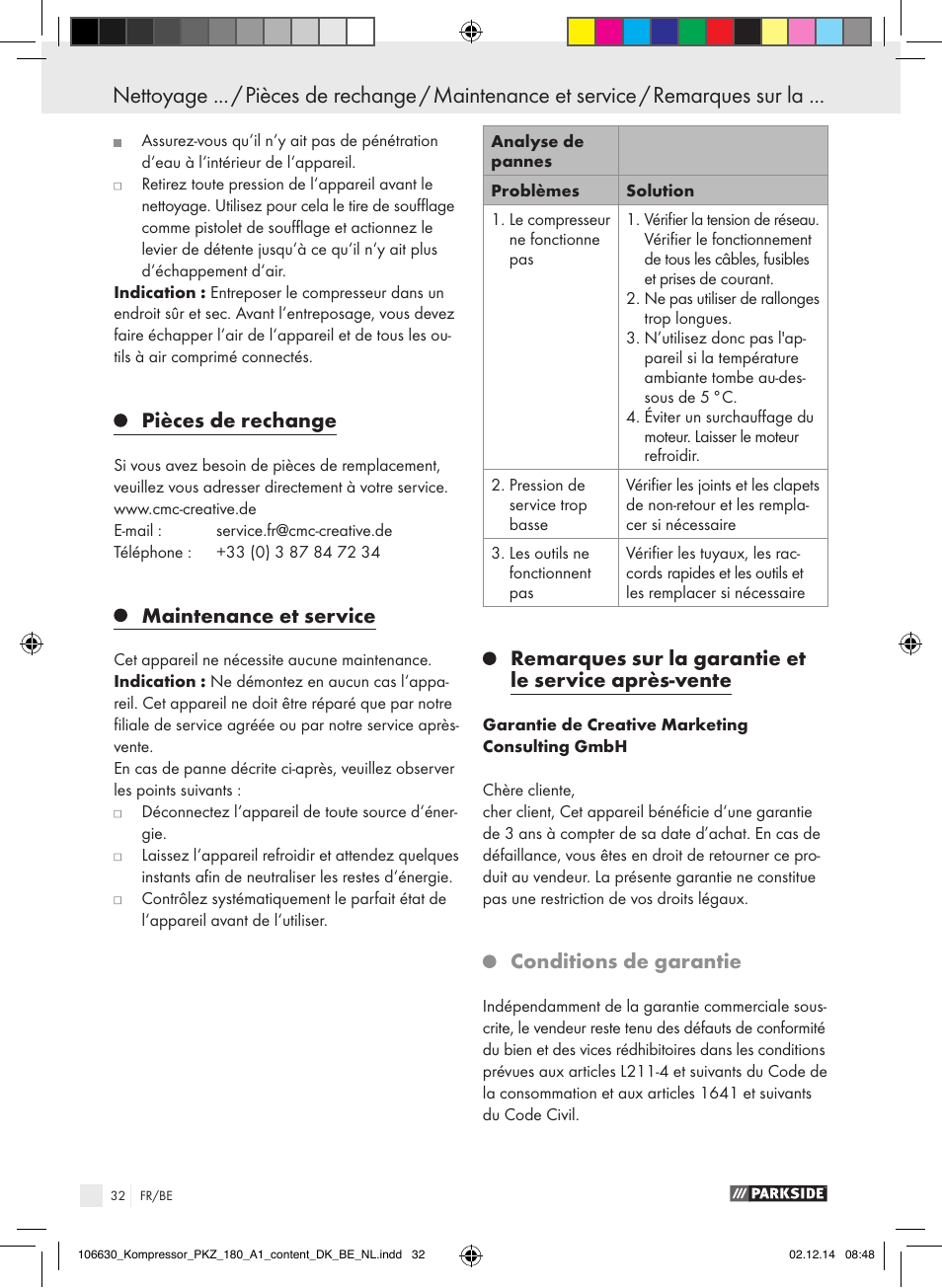 Pièces de rechange, Maintenance et service, Conditions de garantie | Parkside PKZ 180 A1 User Manual | Page 32 / 55