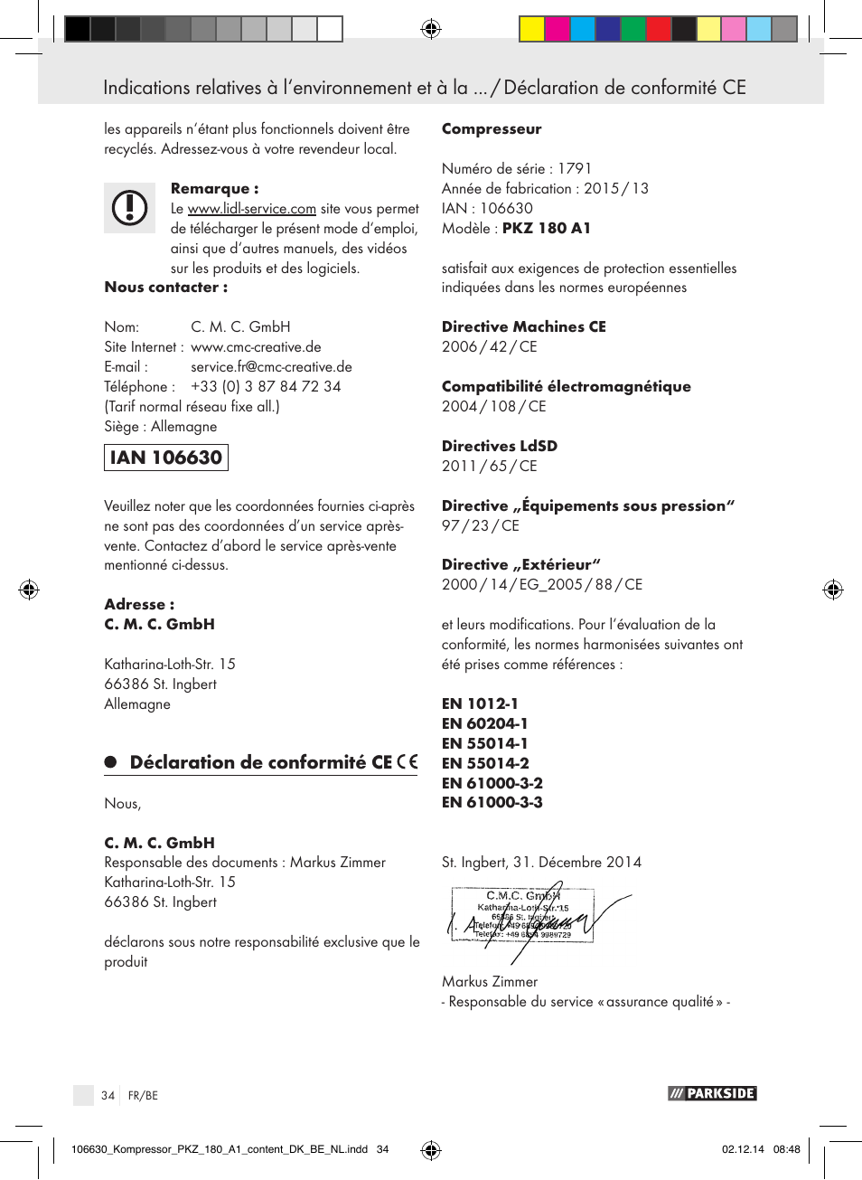 Inhoudsopgave, Déclaration de conformité ce | Parkside PKZ 180 A1 User Manual | Page 34 / 55