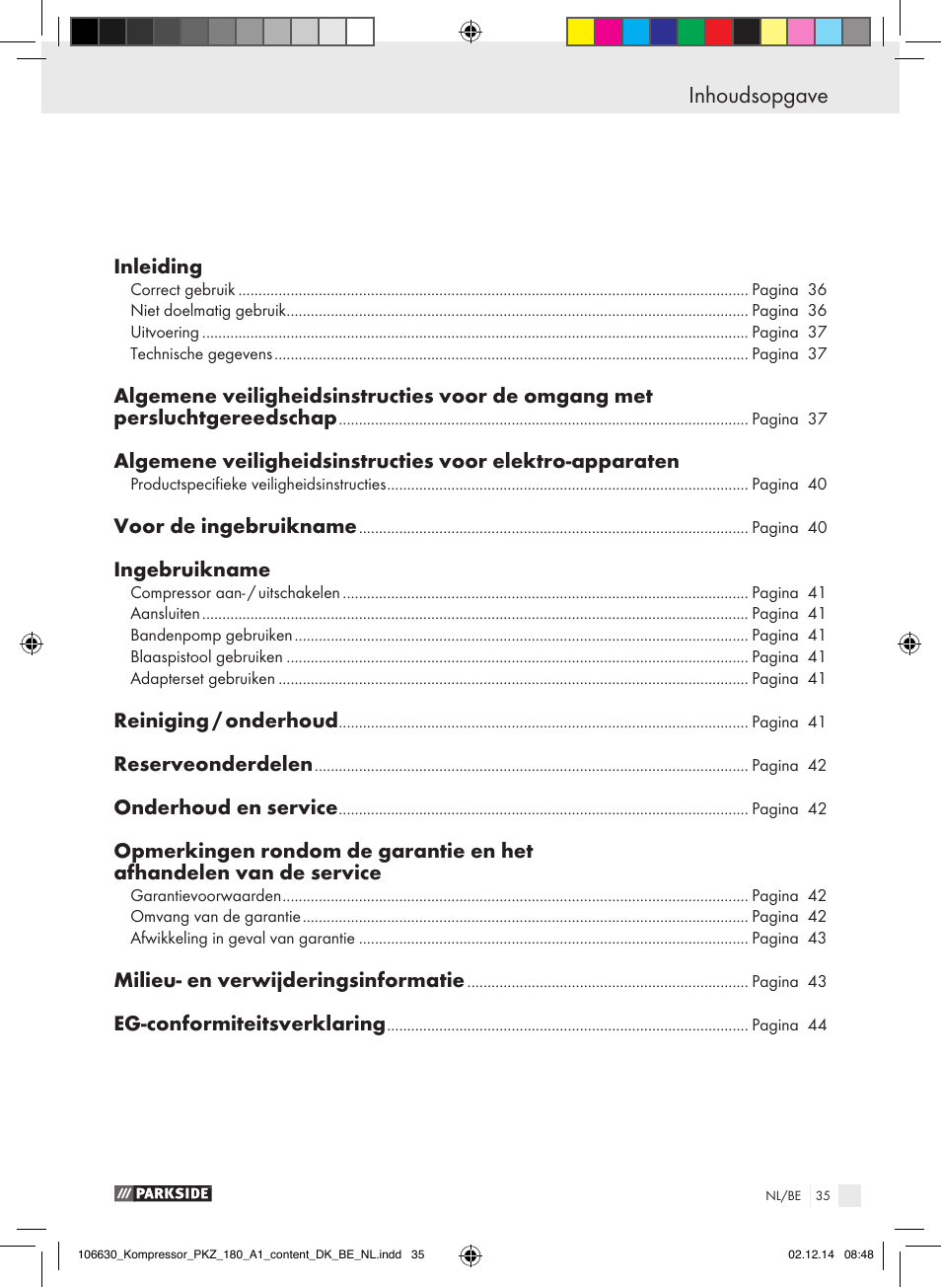 Inhoudsopgave | Parkside PKZ 180 A1 User Manual | Page 35 / 55
