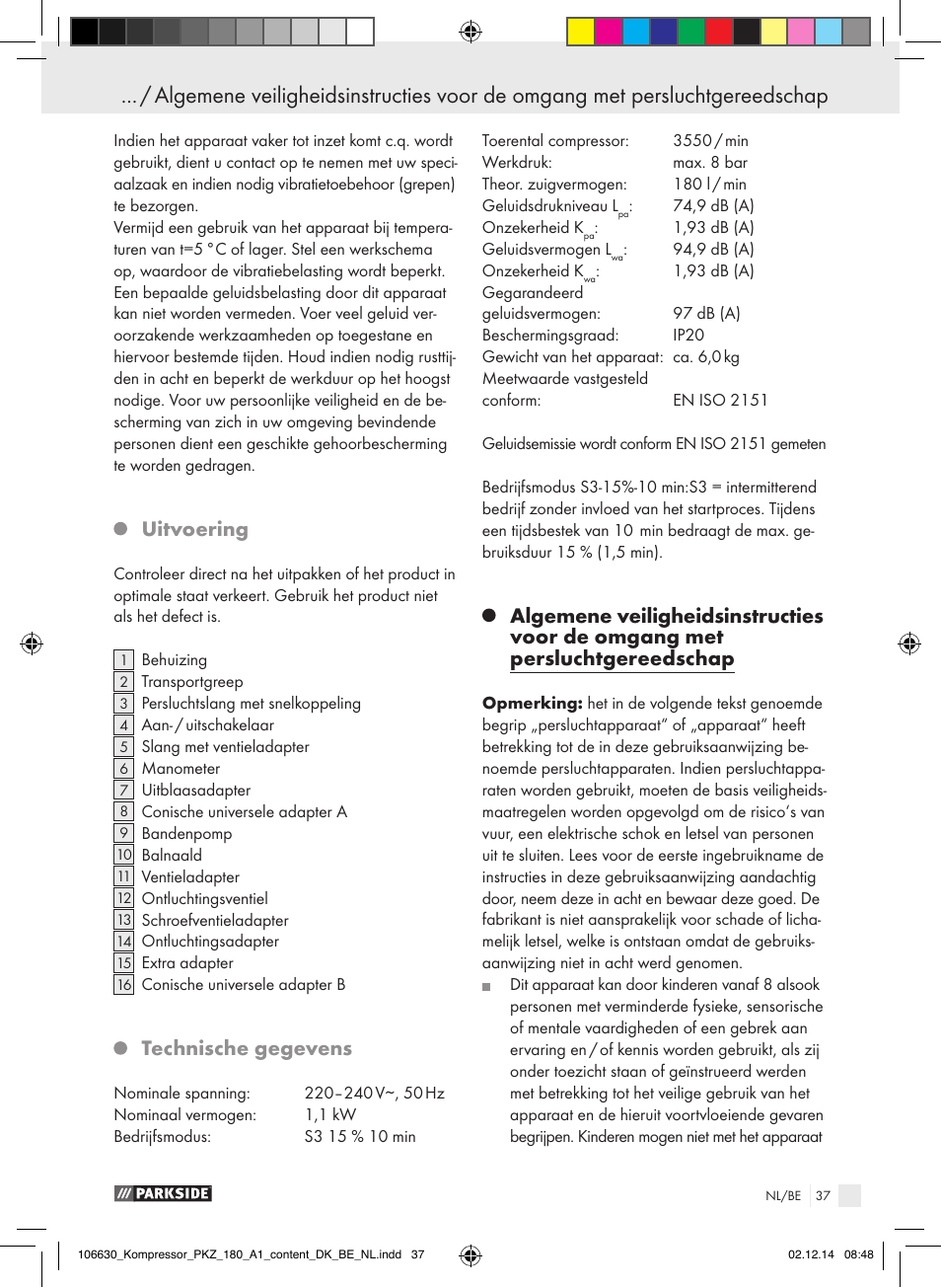 Uitvoering, Technische gegevens | Parkside PKZ 180 A1 User Manual | Page 37 / 55
