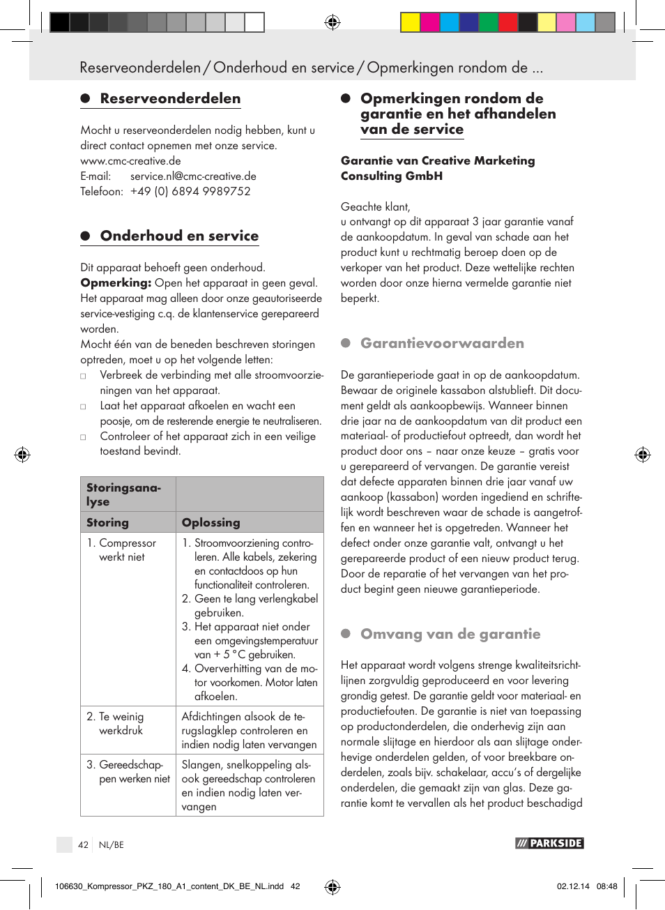 Reserveonderdelen, Onderhoud en service, Garantievoorwaarden | Omvang van de garantie | Parkside PKZ 180 A1 User Manual | Page 42 / 55