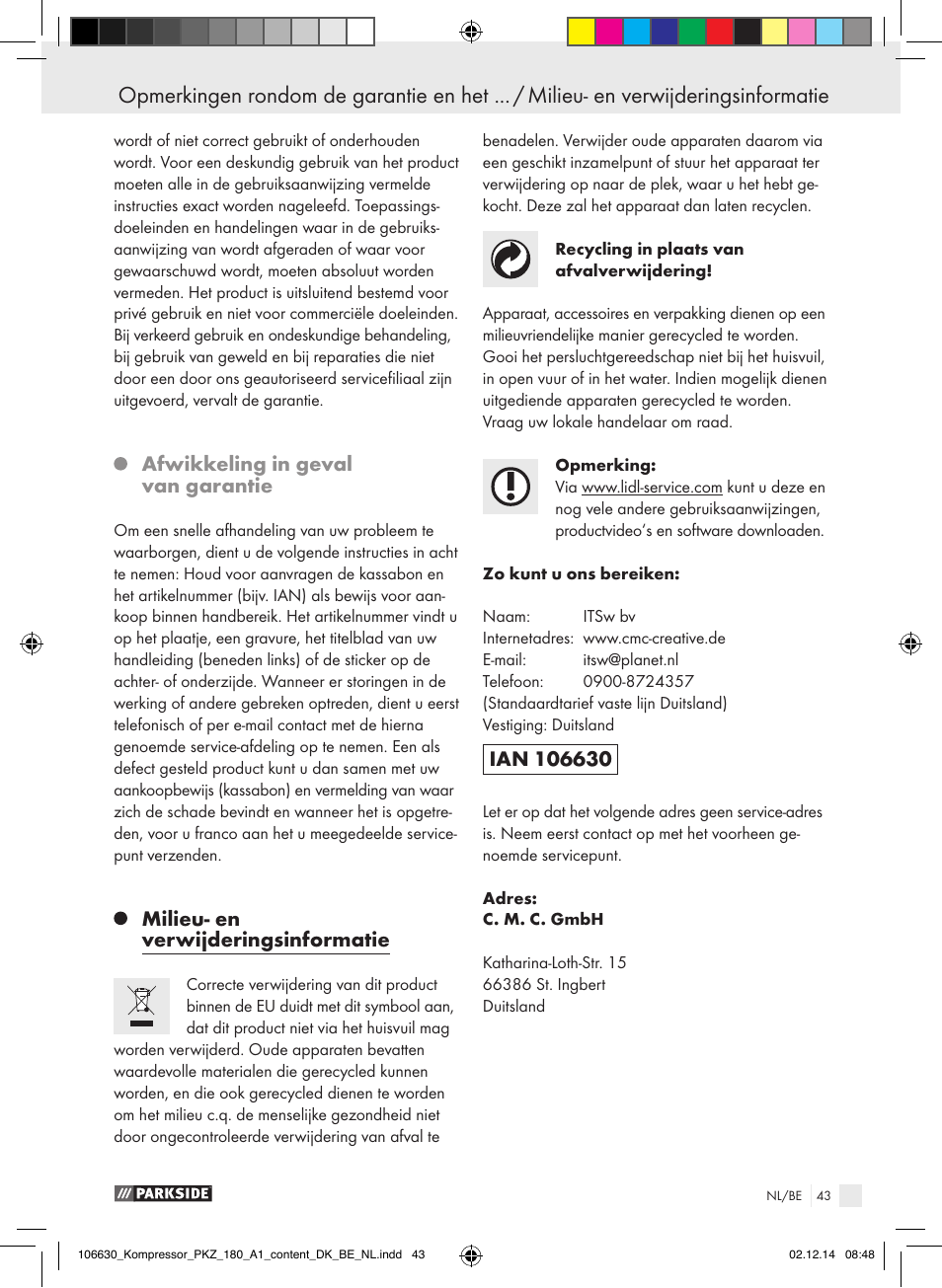 Afwikkeling in geval van garantie, Milieu- en verwijderingsinformatie | Parkside PKZ 180 A1 User Manual | Page 43 / 55