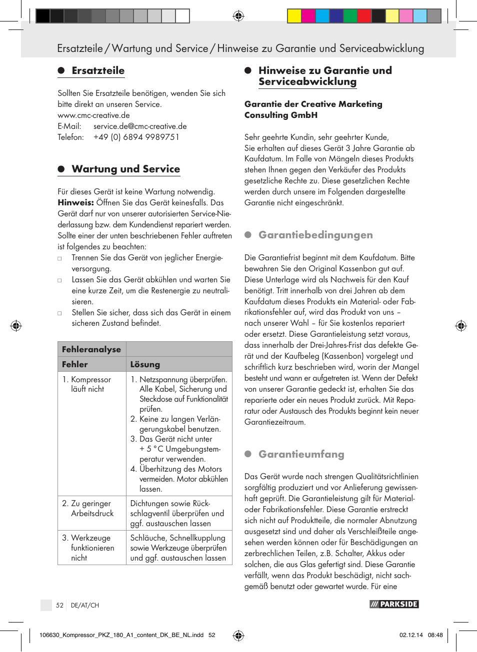 Ersatzteile, Wartung und service, Hinweise zu garantie und serviceabwicklung | Garantiebedingungen, Garantieumfang | Parkside PKZ 180 A1 User Manual | Page 52 / 55