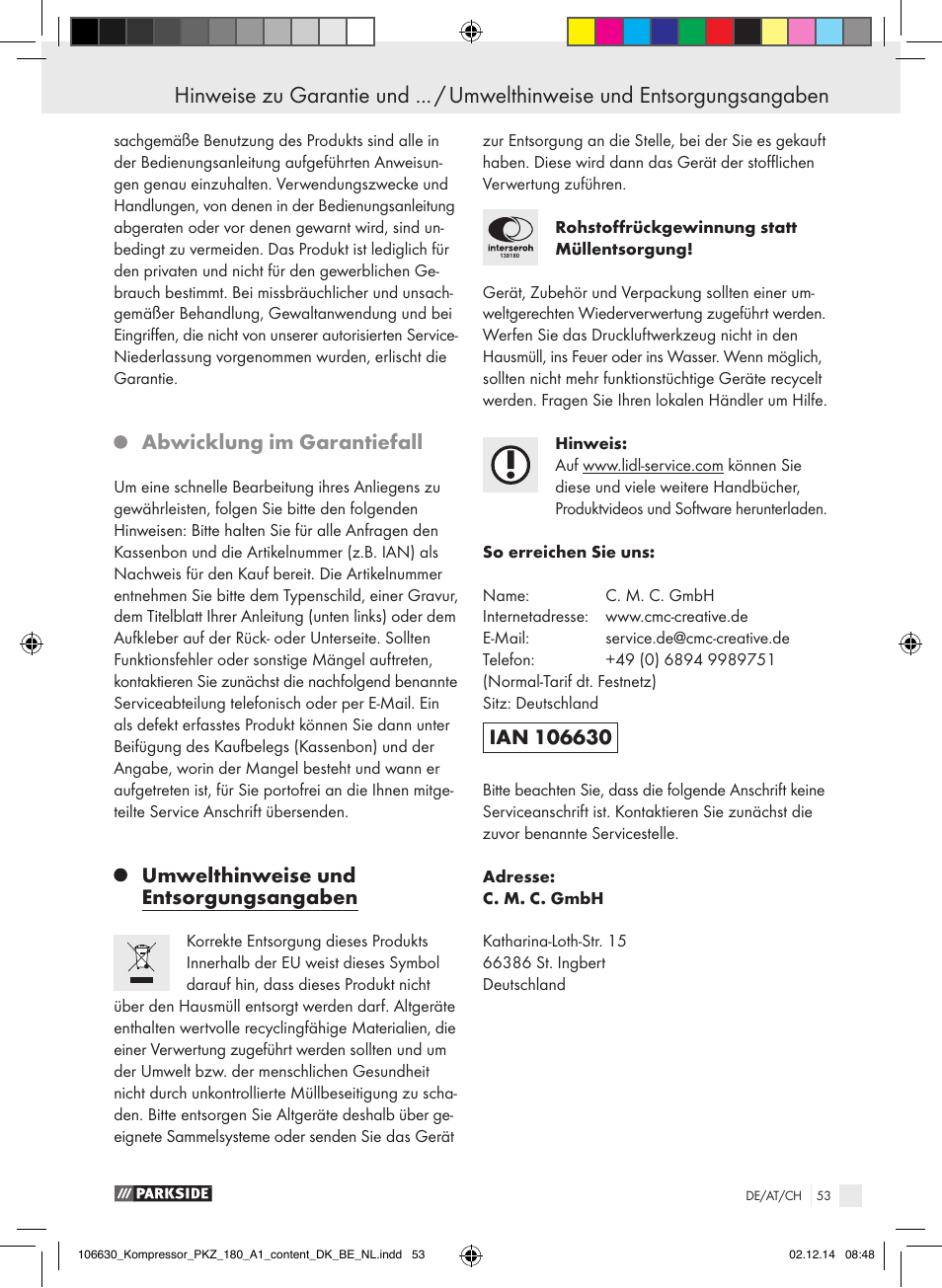 Abwicklung im garantiefall, Umwelthinweise und entsorgungsangaben | Parkside PKZ 180 A1 User Manual | Page 53 / 55