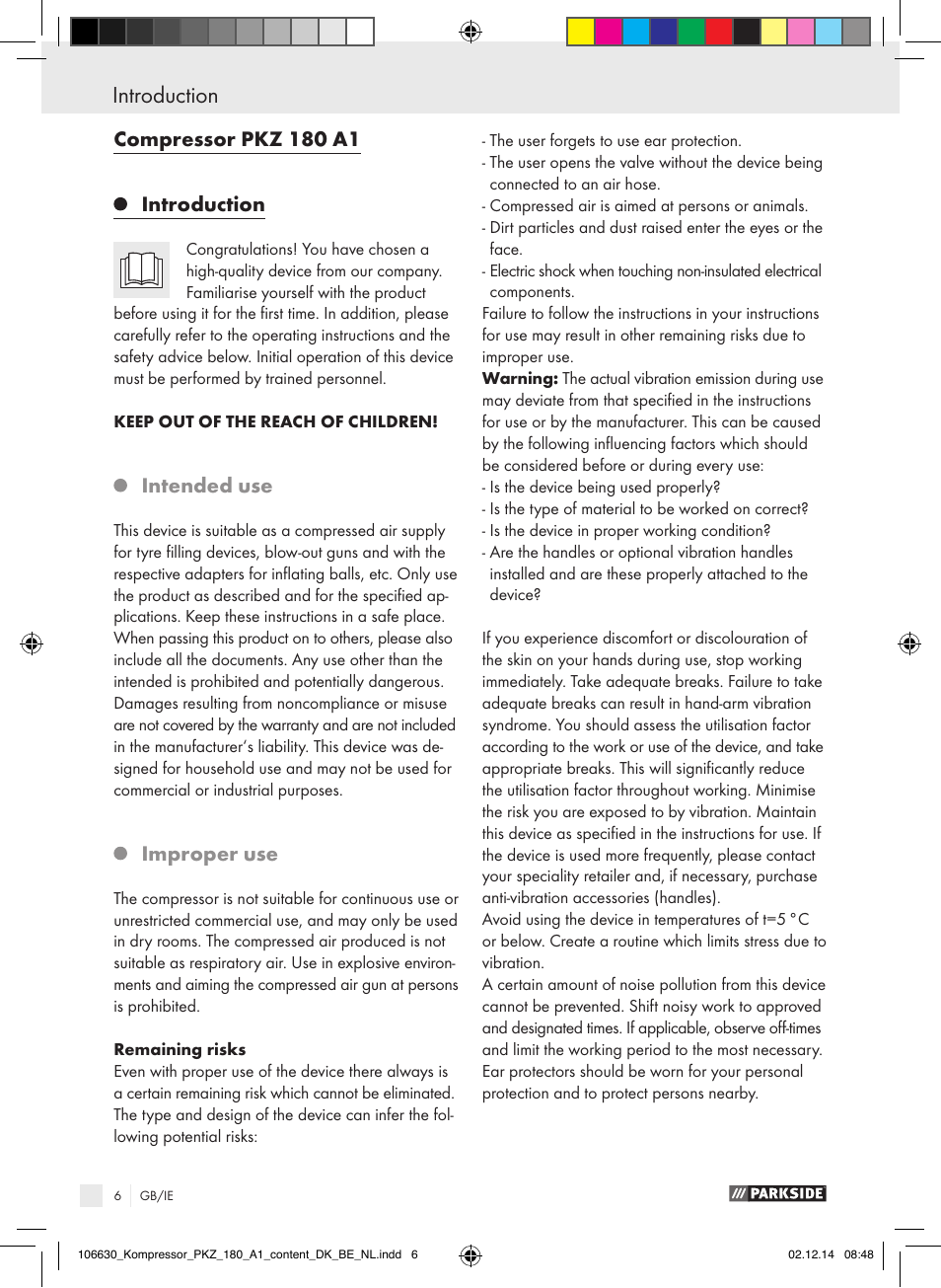 Compressor pkz 180 a1 introduction, Intended use, Improper use | Parkside PKZ 180 A1 User Manual | Page 6 / 55