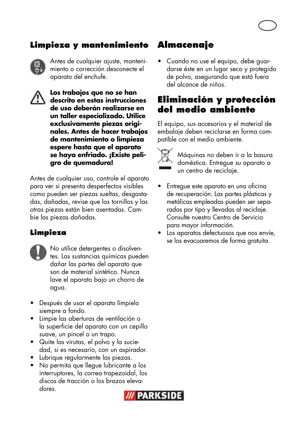 Almacenaje, Eliminación y protección del medio ambiente, Es limpieza y mantenimiento | Parkside PTBM 500 A1 User Manual | Page 15 / 90