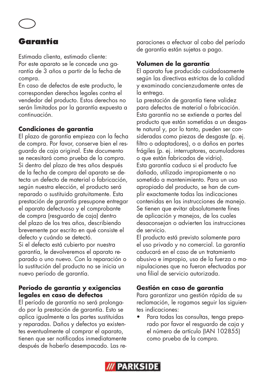 Garantía | Parkside PTBM 500 A1 User Manual | Page 18 / 90