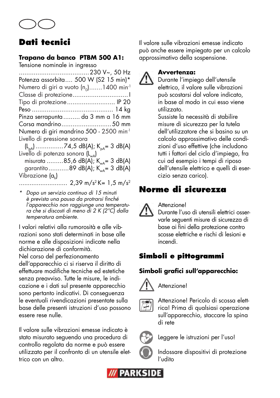 Dati tecnici, Norme di sicurezza, It mt | Parkside PTBM 500 A1 User Manual | Page 22 / 90