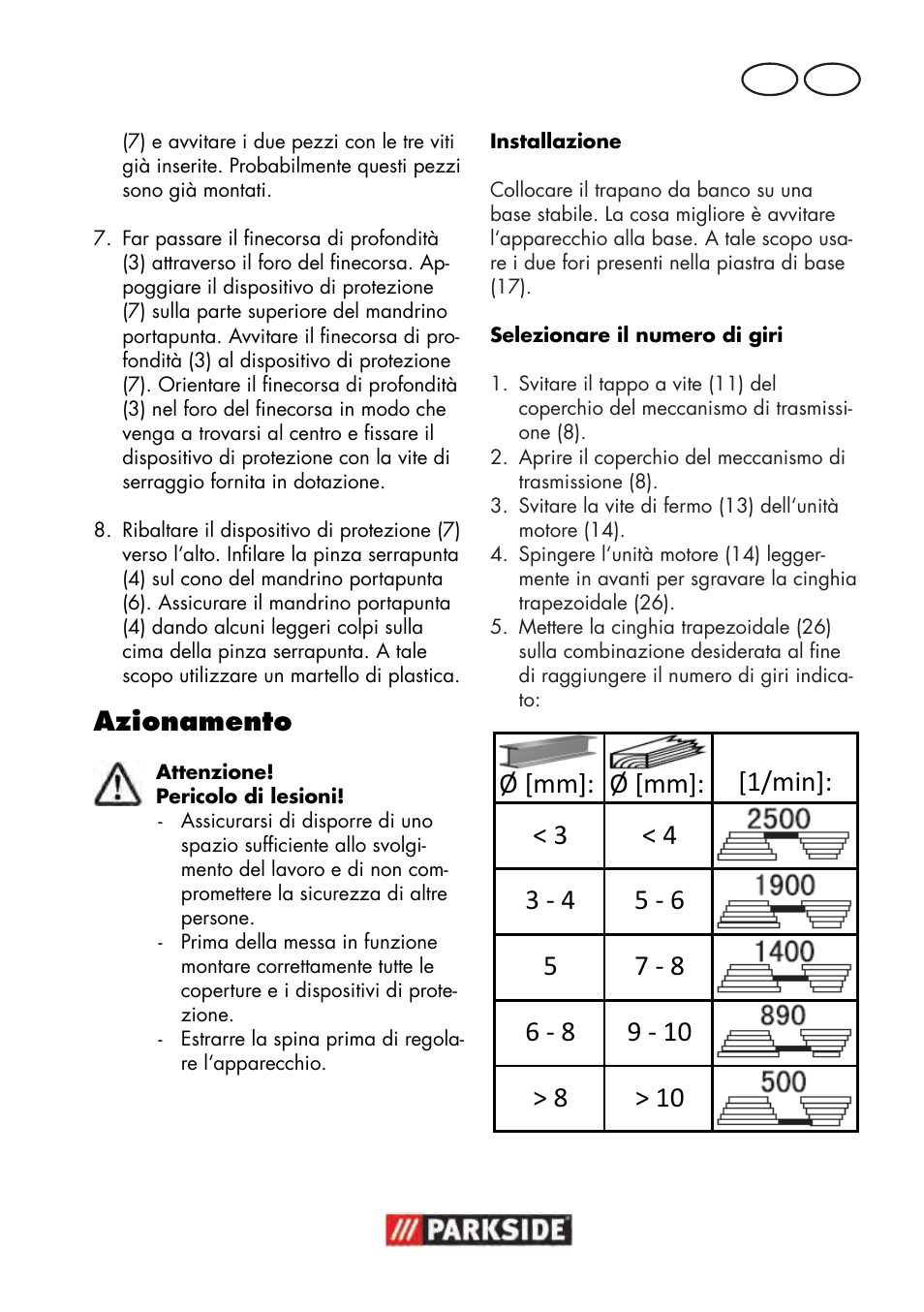 Azionamento | Parkside PTBM 500 A1 User Manual | Page 27 / 90