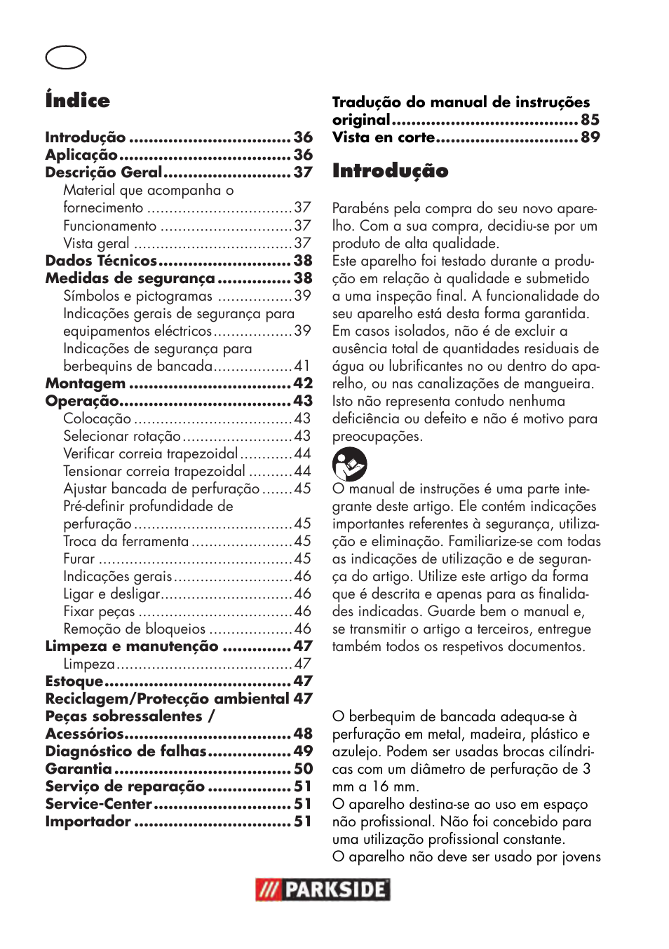 Índice, Introdução, Aplicação | Parkside PTBM 500 A1 User Manual | Page 36 / 90