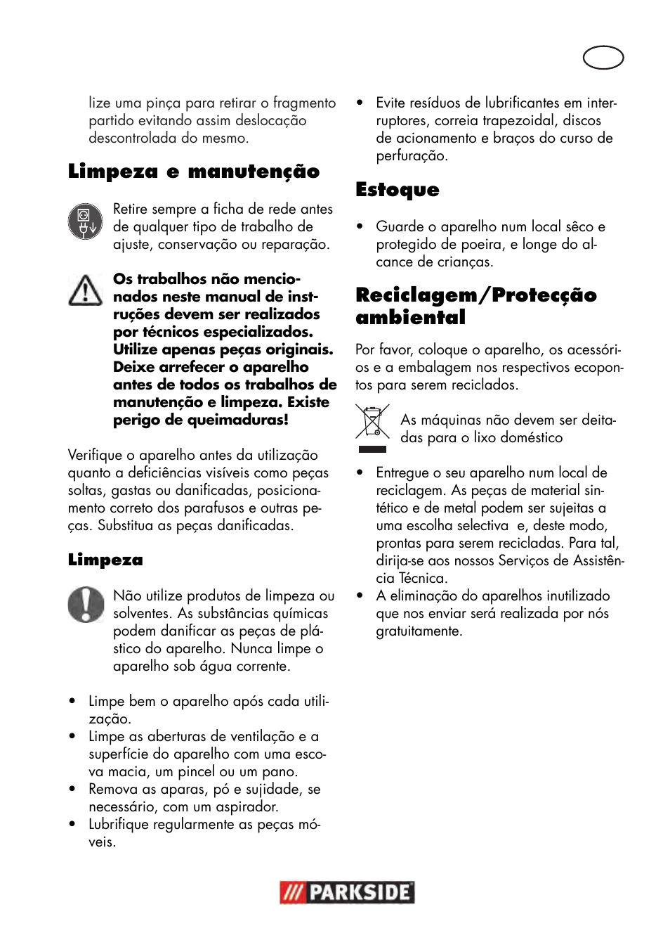 Limpeza e manutenção, Estoque, Reciclagem/protecção ambiental | Parkside PTBM 500 A1 User Manual | Page 47 / 90